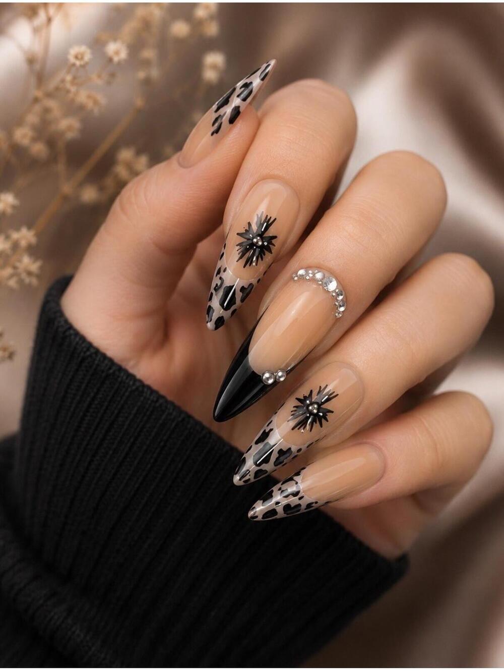 Press On Nails Nude Black Leopard French Rhinestone Long Stiletto Reusable